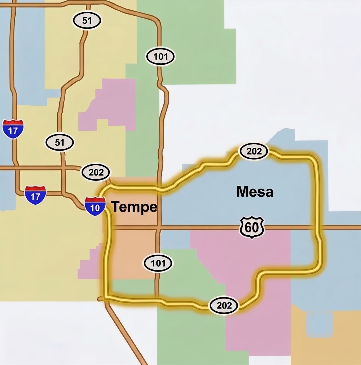 Map highlighting Tempe, Mesa, and major East Valley routes including Loops 101, 202, and US 60